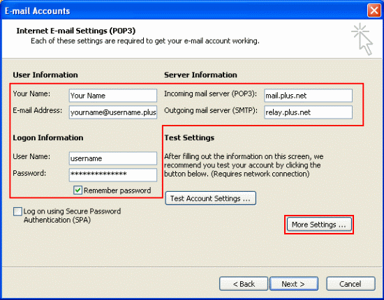 You'll now see the Internet E-mail Settings screen. From here you can check and edit any of the settings for your email account (see below the screenshot if you need help with this).