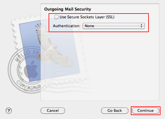 Fill in the Outgoing Mail Security details and click Continue.