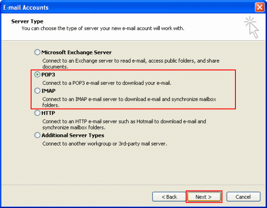 Select either POP3 or IMAP and click Next.