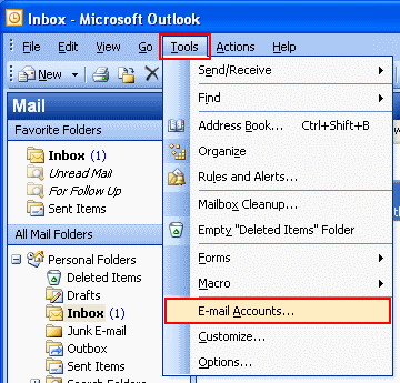 Go to Tools on the top bar and select Email Accounts.