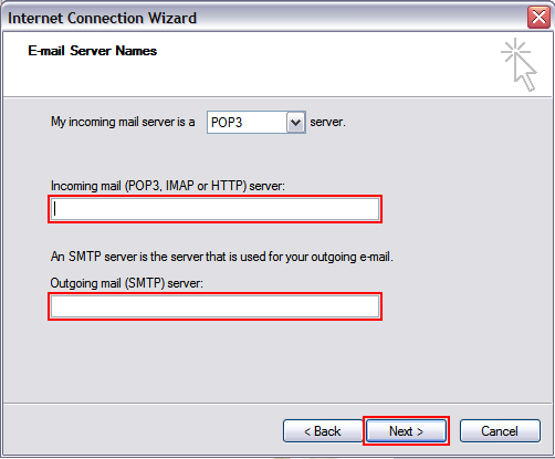 Fill in the mail server addresses (see below the screenshot if you need help with this).