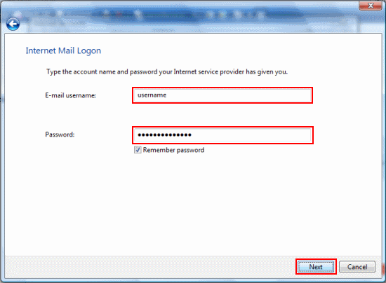 Fill in your E-mail username and password and click Next to continue.