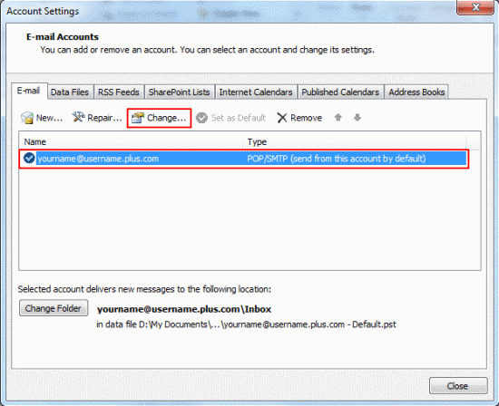 Select the email account you want to check or edit from the list and click Change...