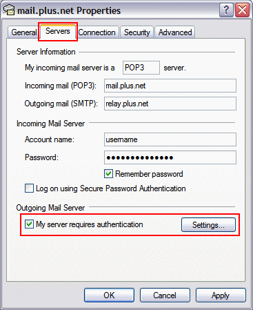 Select the Servers tab, tick My server requires authentication and then click Settings.