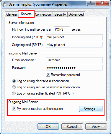 Choose the Servers tab, tick My server requires authentication and then click Settings.