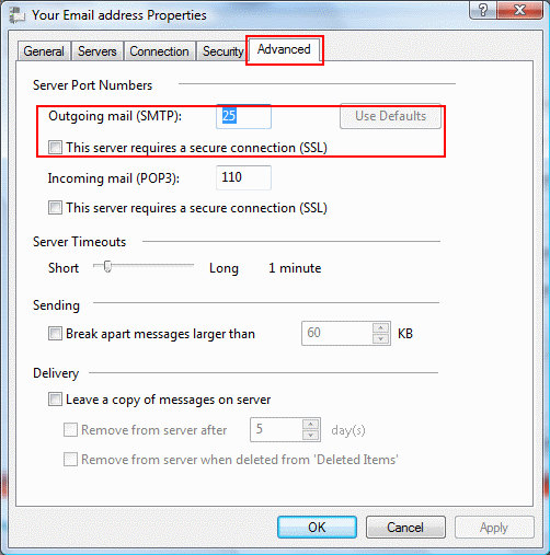 Make sure the SMTP port number is 25 and 'This server requires a secure connection (SSL)' is unticked.