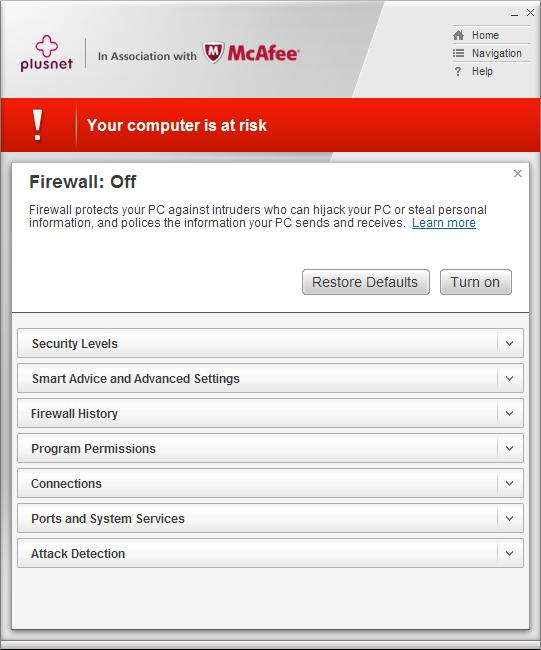 McAfee Firewall turned off
