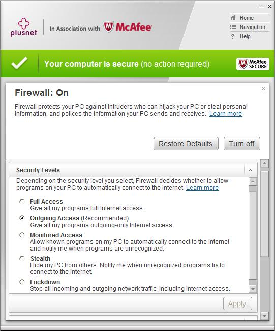 McAfee Firewall security levels