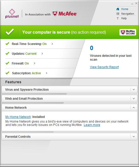 McAfee My Home Network homepage