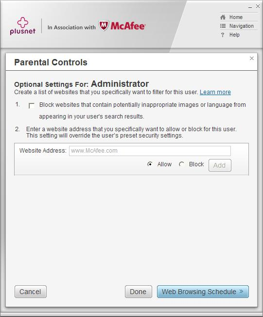 Parental Controls optional settings continued