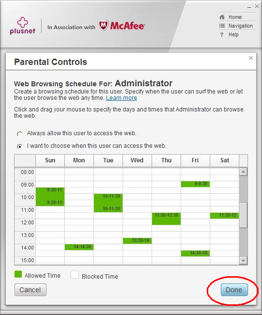 Parental Controls web browsing schedule link continued