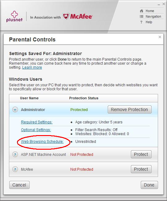 Parental Controls web browsing schedule link