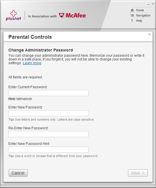 Parental Controls change password detail