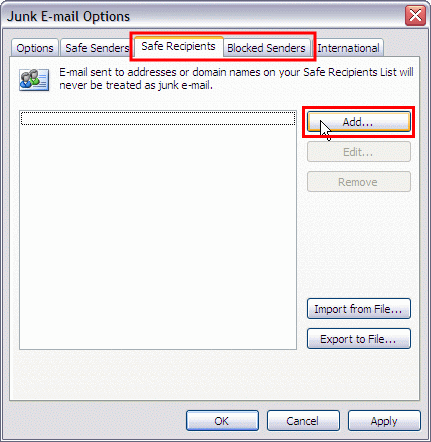 Actions - Junk E-mail - Junk E-mail Options - Safe Recipients