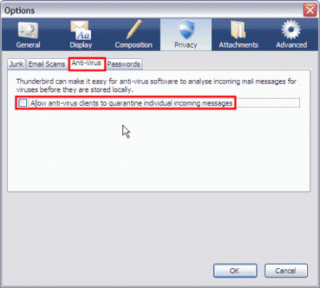 Thunderbird - Options - Privacy - Anti virus