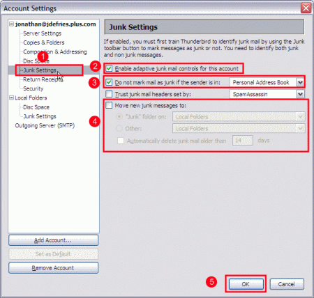 Thunderbird - Account Settings - Junk Settings