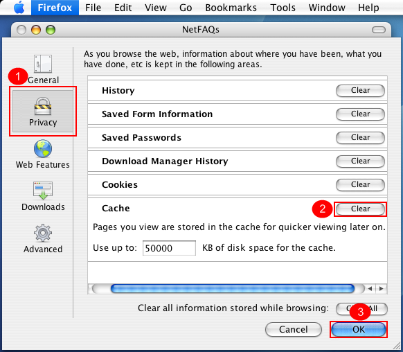 Firefox - Privacy - Clear - OK