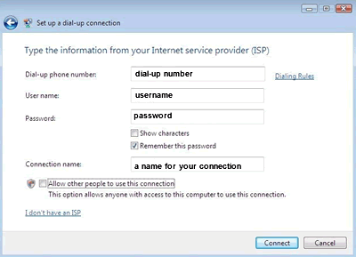 Vista - Dial-up connection details